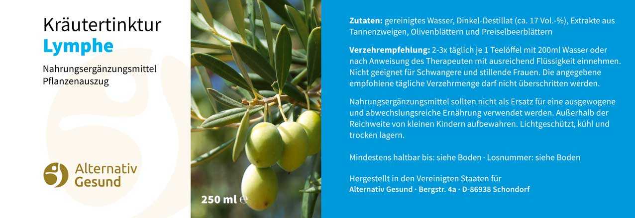 Vorschau: Lymph-Kräutertinktur von Vorschau: Braune Flasche 250 Milliliter mit weissem Etikett, auf dem steht Kräutertinktur Lymphe