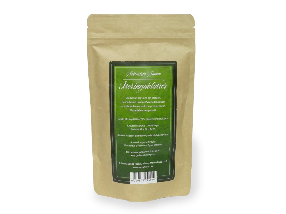 Vorschau: Artemisia annua mit Vorschau: Braune Papiertüte mit grün-weissem, grossem Etikett - auf dem steht Artemisia annua mit Moringa Aufgussbeutel