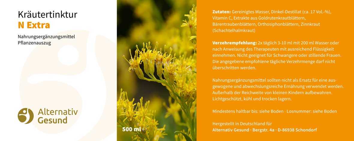 Vorschau: Nieren-Kräutertinktur von Vorschau: Braune Flasche 500 Milliliter mit weissem Etikett, auf dem steht Kräutertinktur N Extra