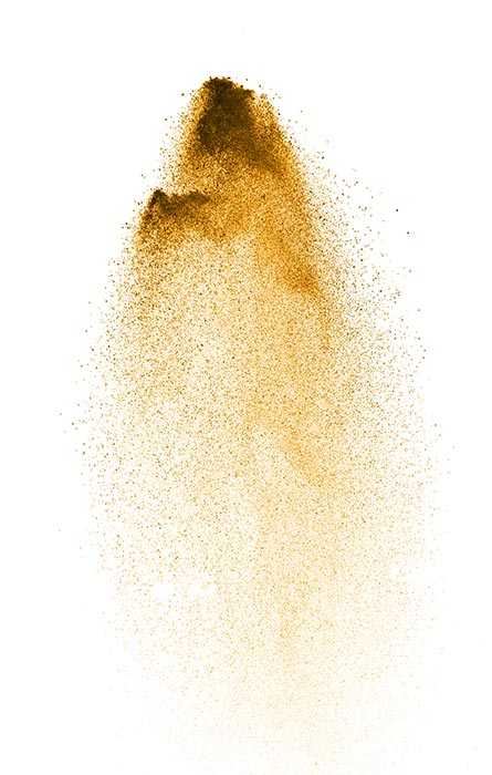 Wolke aus Goldstaub vor weissem Hintergrund. Kolloidales Gold ist reines, feinst verteiltes Gold in doppelt destilliertem Wasser