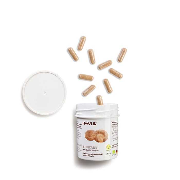 Vorschau: Vitalpilz Shiitake - 60 Vorschau: Eine weisse Kunststoff-Dose mit der Aufschrift Hawlik Shiitake - 60 Vitalpilz Extrakt-Kapseln