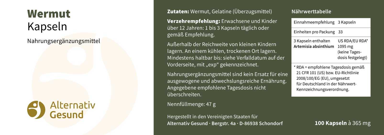 Vorschau: 100 Wermut-Kapseln à 365 Vorschau: Eine weisse Kunststoff-Dose mit hellem Etikett, auf dem steht Wermutkapseln