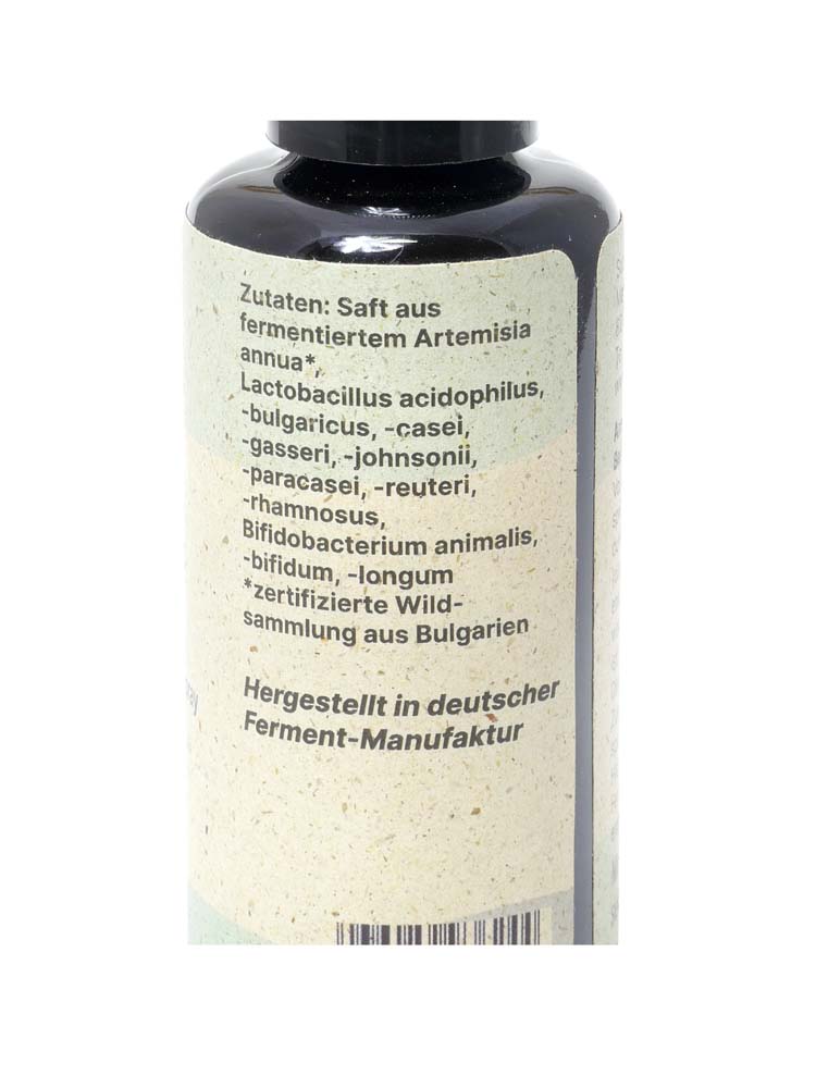Vorschau: Artemisia annua Vorschau: Eine blaue Glasflasche mit grauem Etikett und schwarzem Sprühaufsatz