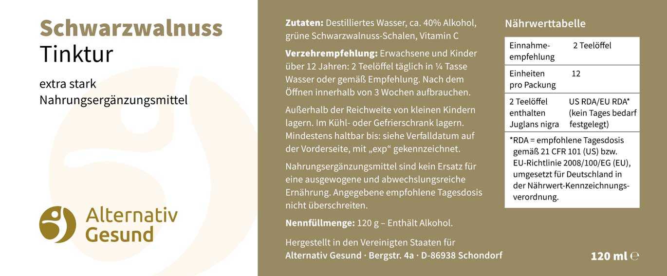 Vorschau: Schwarzwalnusstinktur 60 Vorschau: Zwei braune Flaschen unterschiedlich gross, mit weissem Etikett, auf dem steht Schwarzwalnuss-Tinktur extra stark