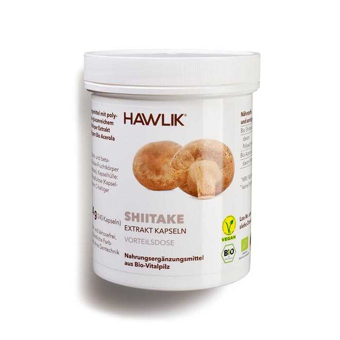 Vorschau: Vitalpilz Shiitake - 60 Vorschau: Eine weisse Kunststoff-Dose mit der Aufschrift Hawlik Shiitake - 60 Vitalpilz Extrakt-Kapseln