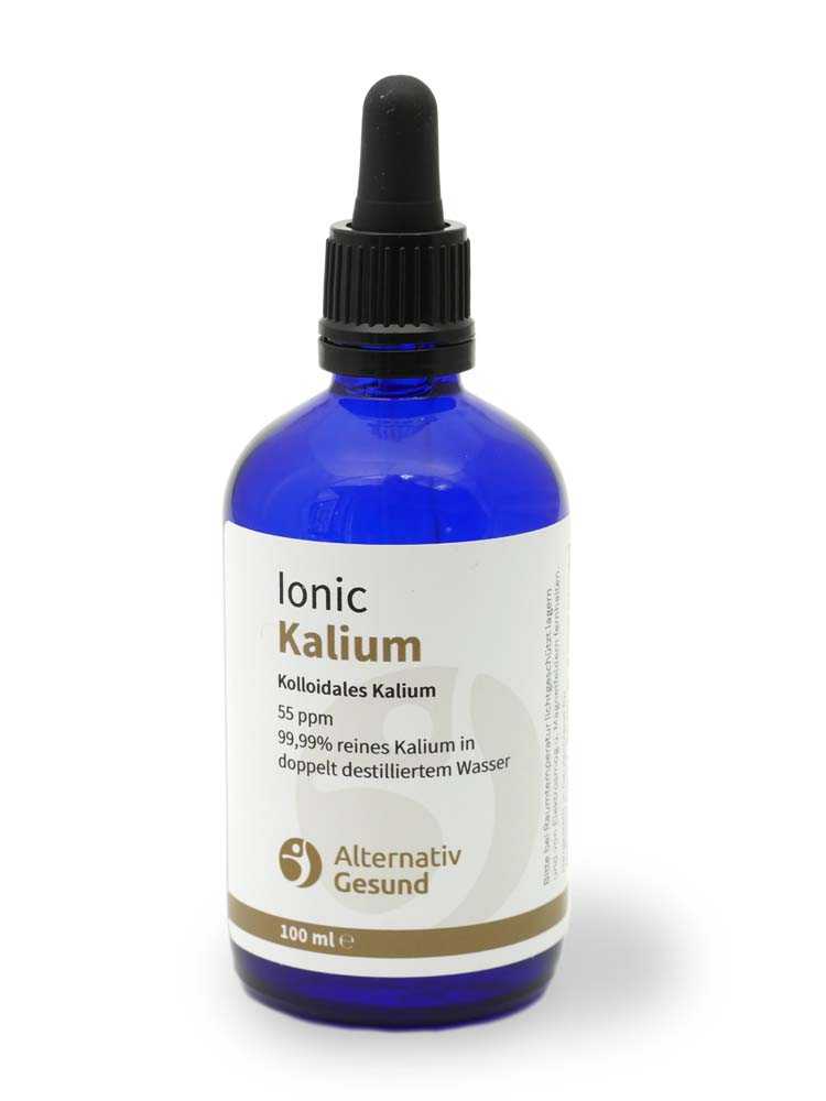 Eine blaue Glasflasche mit hellem Etikett, auf dem Ionic Kalium steht. 99,99% reines Kalium in doppelt destilliertem Wasser