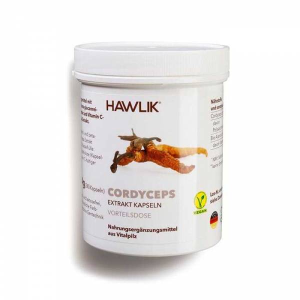 Vorschau: Vitalpilz Cordyceps - 60 Vorschau: Eine weisse Kunststoff-Dose mit der Aufschrift Hawlik Cordyceps- 60 Vitalpilz Extrakt-Kapseln