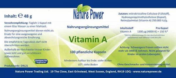 Vorschau: Vitamin A von Nature Vorschau: Vitamin A von Nature Power - Produktdetails auf dem Etikett