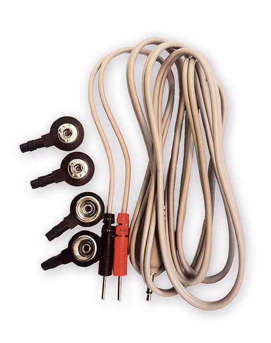 Ein beiges Kabel mit rotem und schwarzem Stecker für die Frequenztherapie mit Diamond Shield Zapper. Vier Druckknopf-Adapter werden auch mitgeliefert (4mm und 10mm), damit das Kabel zu allen Zubehörteilen passt.