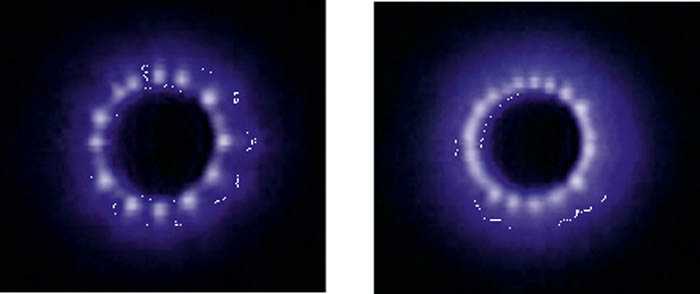 One sees two Kirlian photographs with a violet energy wreath against a black background