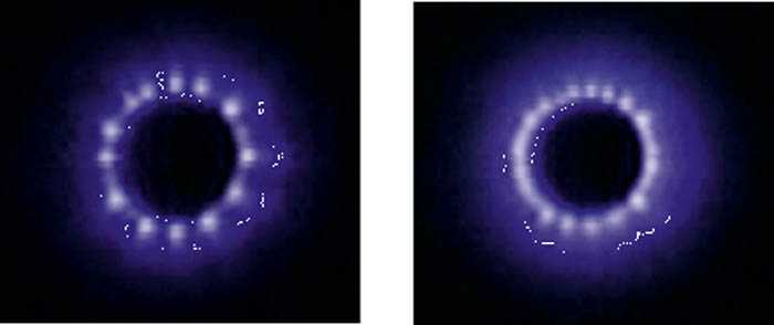 Zwei Kirlian-Fotografien mit violettem Energiekranz vor schwarzem Hintergrund - der rechte nach Einnahme von kolloidalem Silber ist dichter