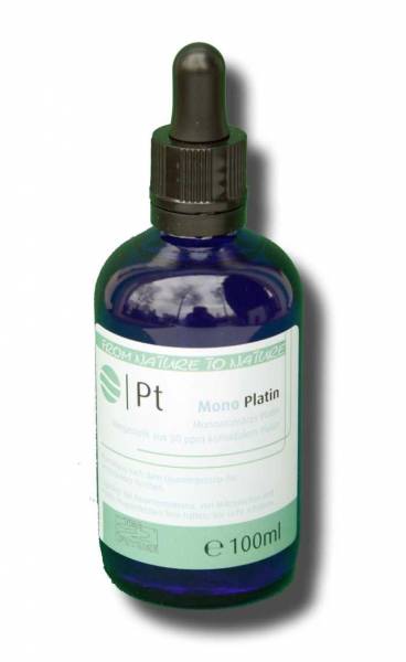 Vorschau: Monoatomisches Platin Vorschau: Blaue Glasflasche mit der Aufschrift Monoatomisches Platin 100 Milliliter - aus 50ppm kolloidalem Platin hergestellt