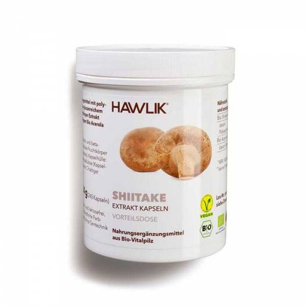 Vorschau: Vitalpilz Shiitake - 60 Vorschau: Eine weisse Kunststoff-Dose mit der Aufschrift Hawlik Shiitake - 60 Vitalpilz Extrakt-Kapseln
