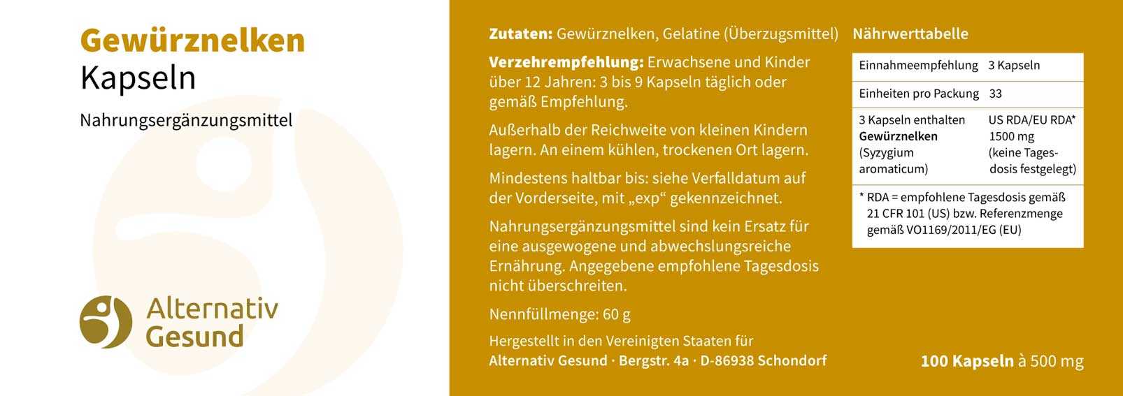 Vorschau: 100 Nelken-Kapseln à 500 Vorschau: Eine weisse Kunststoff-Dose mit hellem Etikett, auf dem steht Gewürznelken-Kapseln