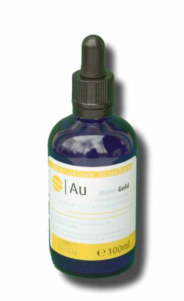 Vorschau: Monoatomisches Gold Vorschau: Blaue Glasflasche mit der Aufschrift Monoatomisches Gold 30 Milliliter - aus 55ppm kolloidalem Gold hergestellt