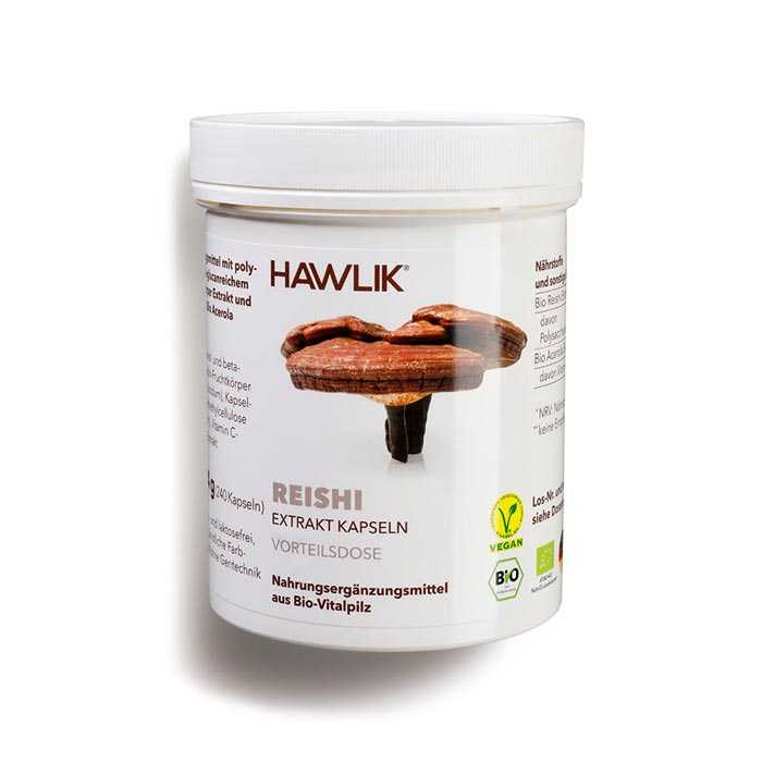 Vorschau: Vitalpilz Reishi - 60 Vorschau: Eine weisse Kunststoff-Dose mit der Aufschrift Hawlik Reishi - 60 Vitalpilz Extrakt-Kapseln