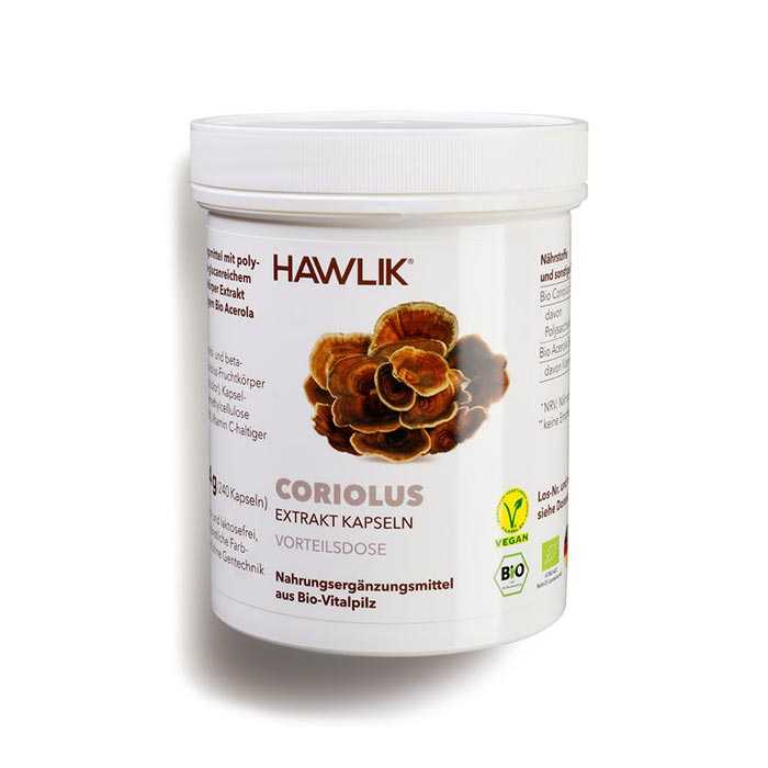 Vorschau: Vitalpilz Coriolus - 60 Vorschau: Eine weisse Kunststoff-Dose mit der Aufschrift Hawlik Coriolus - 60 Vitalpilz Extrakt-Kapseln