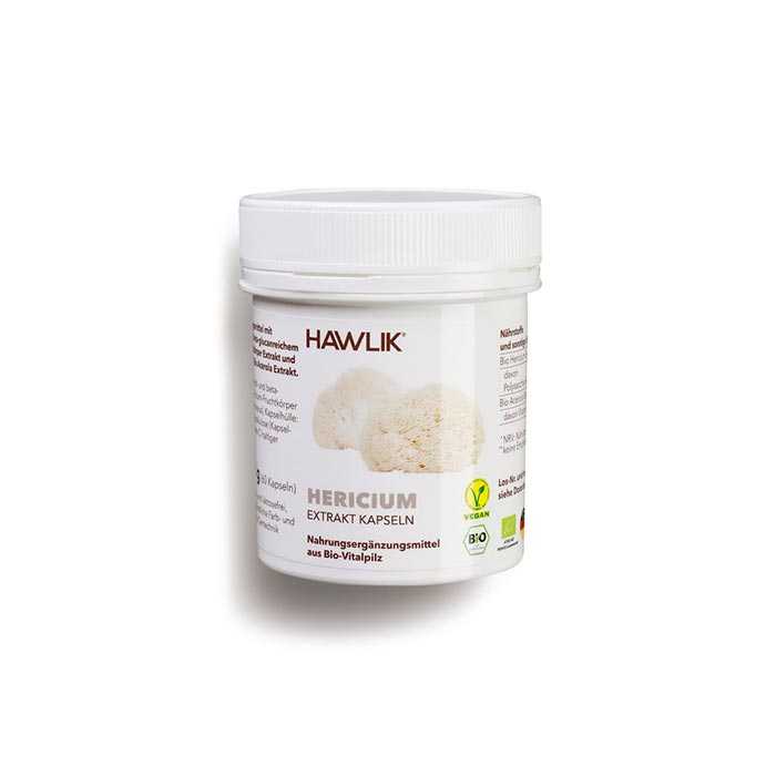 Weisse Kunststoff-Dose mit der Aufschrift Hawlik Hericium Extrakt Kapseln
