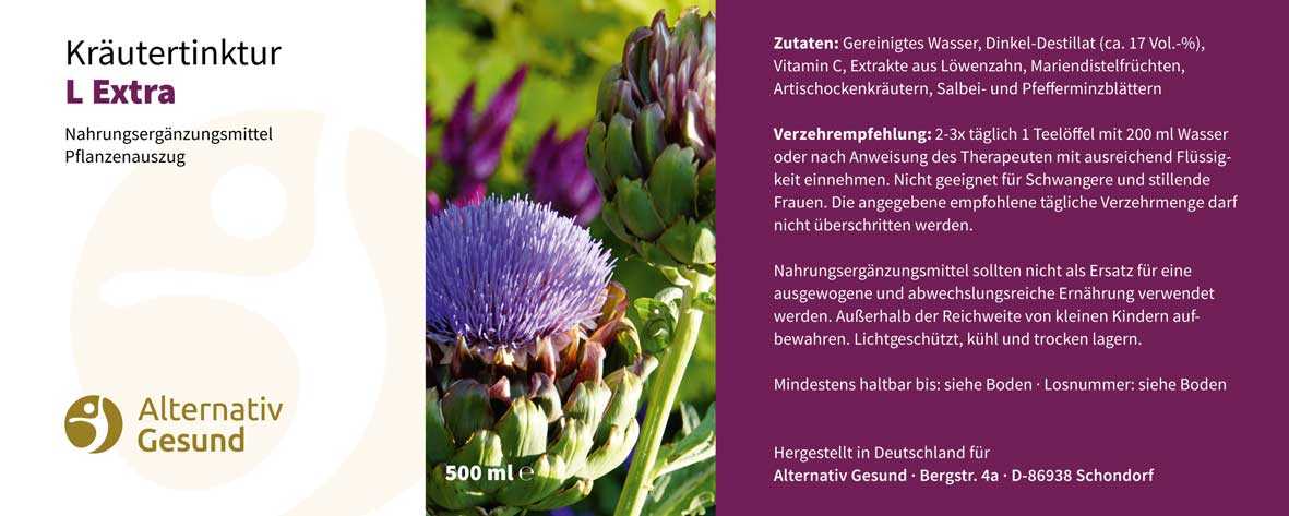Vorschau: Leber-Kräutertinktur von Vorschau: Braune Flasche 500 Milliliter mit weissem Etikett, auf dem steht Kräutertinktur L Extra