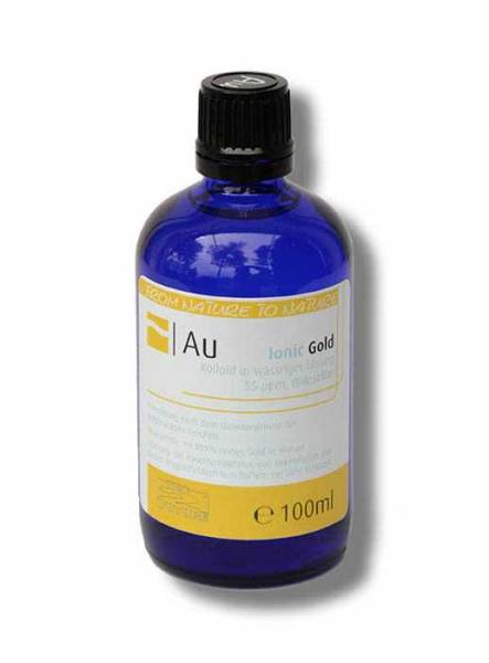Vorschau: Kolloidales Gold 100ml Vorschau: Blaue Glasflasche mit gelb-weissem Etikett. Kolloidales Gold hochkonzentriert mit 55ppm