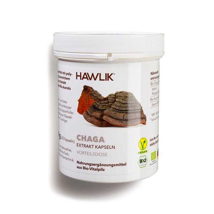 Vorschau: Vitalpilz Chaga - 60 Vorschau: Eine weisse Kunststoff-Dose mit der Aufschrift Hawlik Chaga - 60 Vitalpilz Extrakt-Kapseln