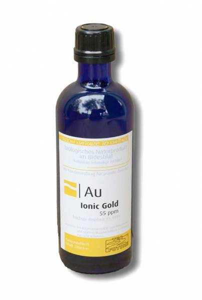 Vorschau: Kolloidales Gold 100ml Vorschau: Blaue Glasflasche mit gelb-weissem Etikett. Kolloidales Gold hochkonzentriert mit 55ppm