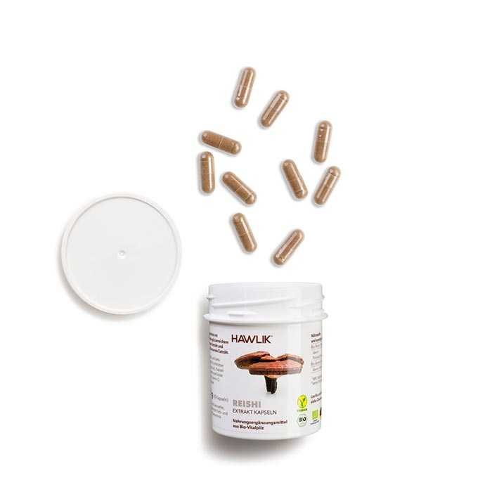 Vorschau: Vitalpilz Reishi - 60 Vorschau: Eine weisse Kunststoff-Dose mit der Aufschrift Hawlik Reishi - 60 Vitalpilz Extrakt-Kapseln