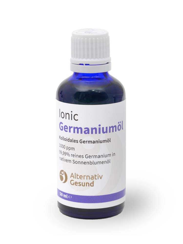 Eine blaue Glasflasche mit hellem Etikett, auf dem Ionic Germaniumöl steht. 99,99% reines Germanium in nativem Sonnenblumenöl