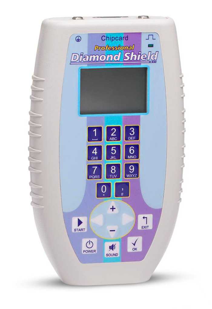 Vorschau: Mit dem Frequenzgenerator Vorschau: Der Diamond Shield Professional für Frequenztherapie, Entspannung und Wohlgefühl ist ein handliches Gerät in grau, blau und violett mit vielen Tasten.
