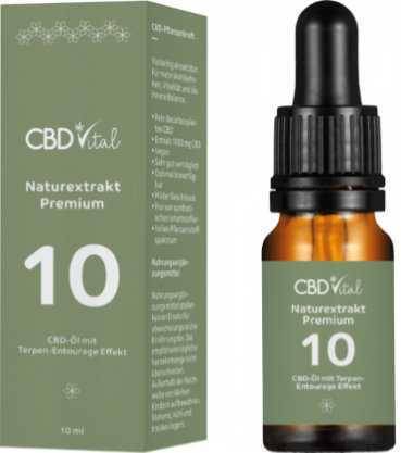 Vorschau: CBD VITAL Naturextrakt Vorschau: gruene Verpackung, Braunglas-Pipettenflasche CBD-Öl Premium 10%