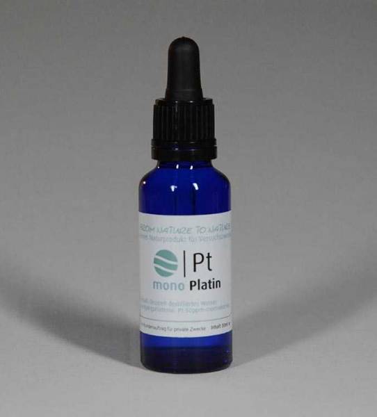 Vorschau: Monoatomisches Platin Vorschau: Blaue Glasflasche mit der Aufschrift Monoatomisches Platin 30 Milliliter - aus kolloidalem Platin mit 50ppm hergestellt