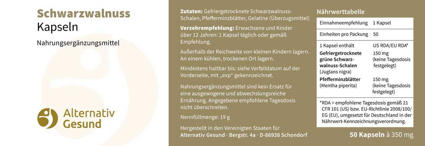 Vorschau: 50 Schwarzwalnuss-Kapseln Vorschau: Eine weisse Kunststoff-Dose mit hellem Etikett, auf dem steht Schwarzwalnuss-Kapseln