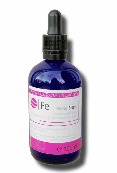 Vorschau: Monoatomisches Eisen 30ml Vorschau: Blaue Glasflasche mit der Aufschrift Monoatomisches Eisen 100 Milliliter - aus 55ppm kolloidalem Eisen hergestellt