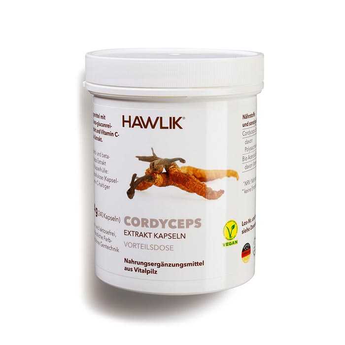 Vorschau: Vitalpilz Cordyceps - 60 Vorschau: Eine weisse Kunststoff-Dose mit der Aufschrift Hawlik Cordyceps- 60 Vitalpilz Extrakt-Kapseln