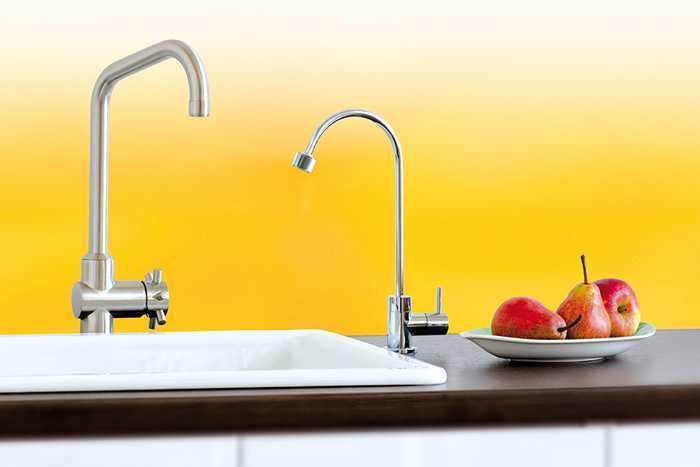 Spülenbereich in der Küche mit zwei Wasserhähnen: einer für das Brauchwasser, der zweite für das gefilterte Wasser